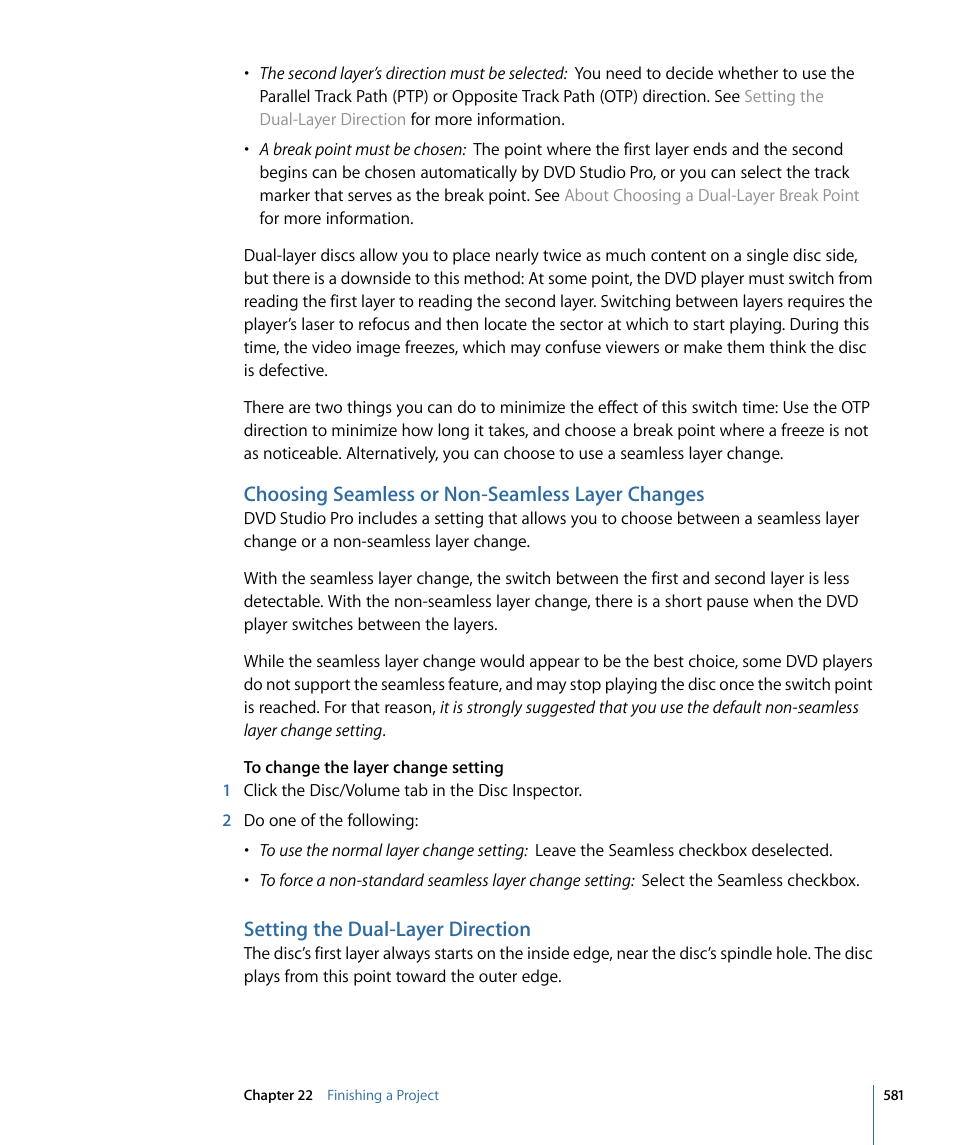 Choosing seamless or non-seamless layer changes, Setting the dual-layer direction | Apple DVD Studio Pro 4 User Manual | Page 581 / 656
