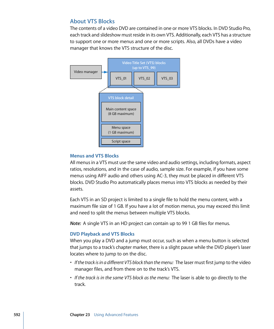 About vts blocks, Menus and vts blocks, Dvd playback and vts blocks | Apple DVD Studio Pro 4 User Manual | Page 592 / 656