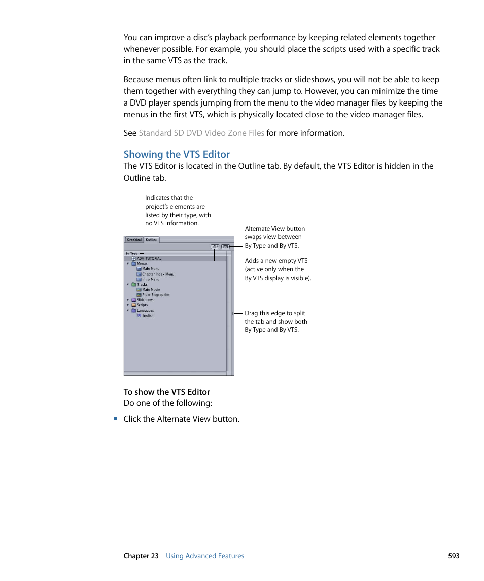 Showing the vts editor | Apple DVD Studio Pro 4 User Manual | Page 593 / 656