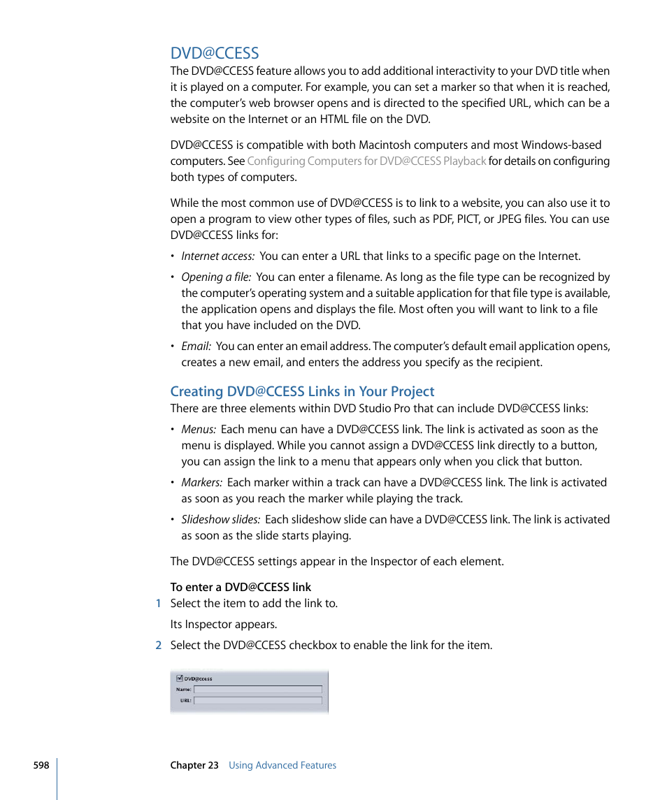 Dvd@ccess, Creating dvd@ccess links in your project | Apple DVD Studio Pro 4 User Manual | Page 598 / 656