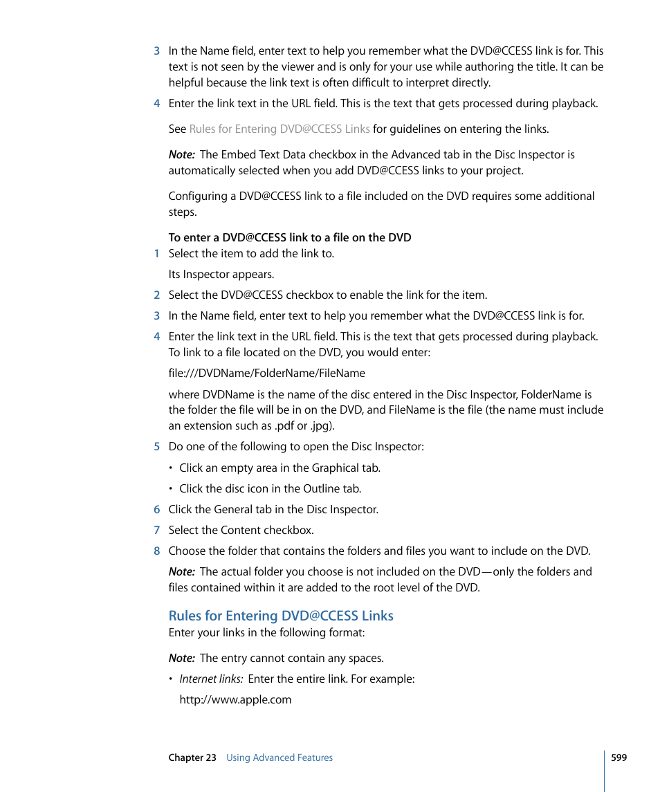 Rules for entering dvd@ccess links | Apple DVD Studio Pro 4 User Manual | Page 599 / 656