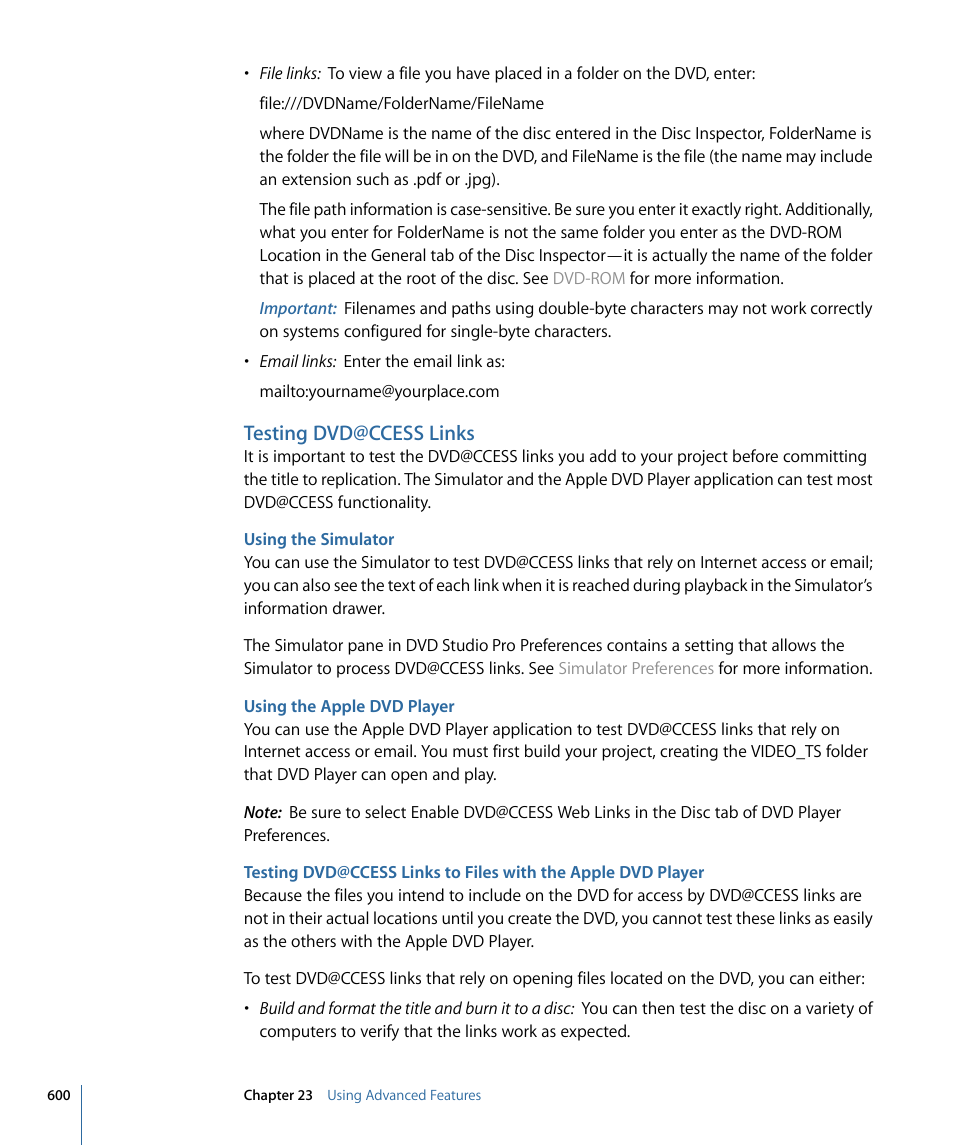 Testing dvd@ccess links, Using the simulator, Using the apple dvd player | Apple DVD Studio Pro 4 User Manual | Page 600 / 656