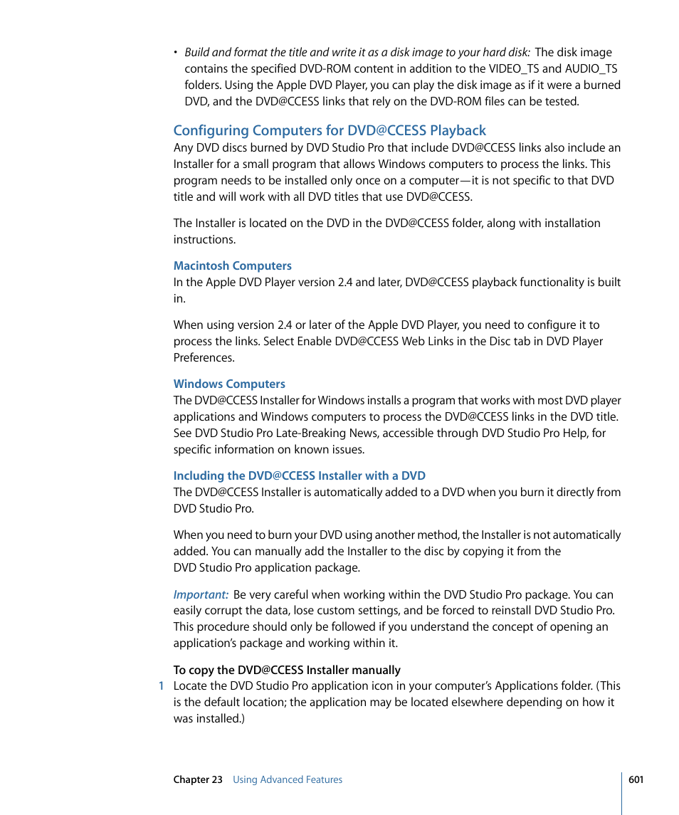 Configuring computers for dvd@ccess playback, Macintosh computers, Windows computers | Including the dvd@ccess installer with a dvd | Apple DVD Studio Pro 4 User Manual | Page 601 / 656