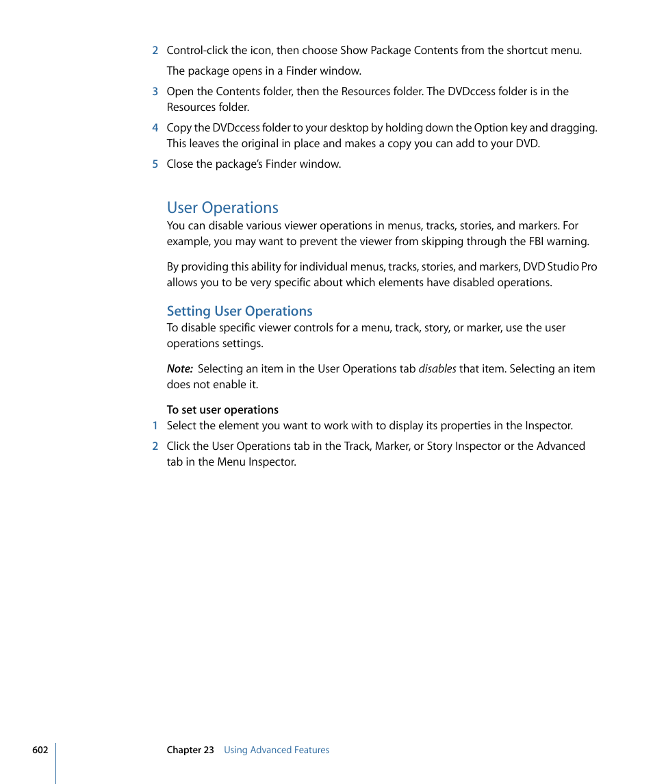 User operations, Setting user operations | Apple DVD Studio Pro 4 User Manual | Page 602 / 656