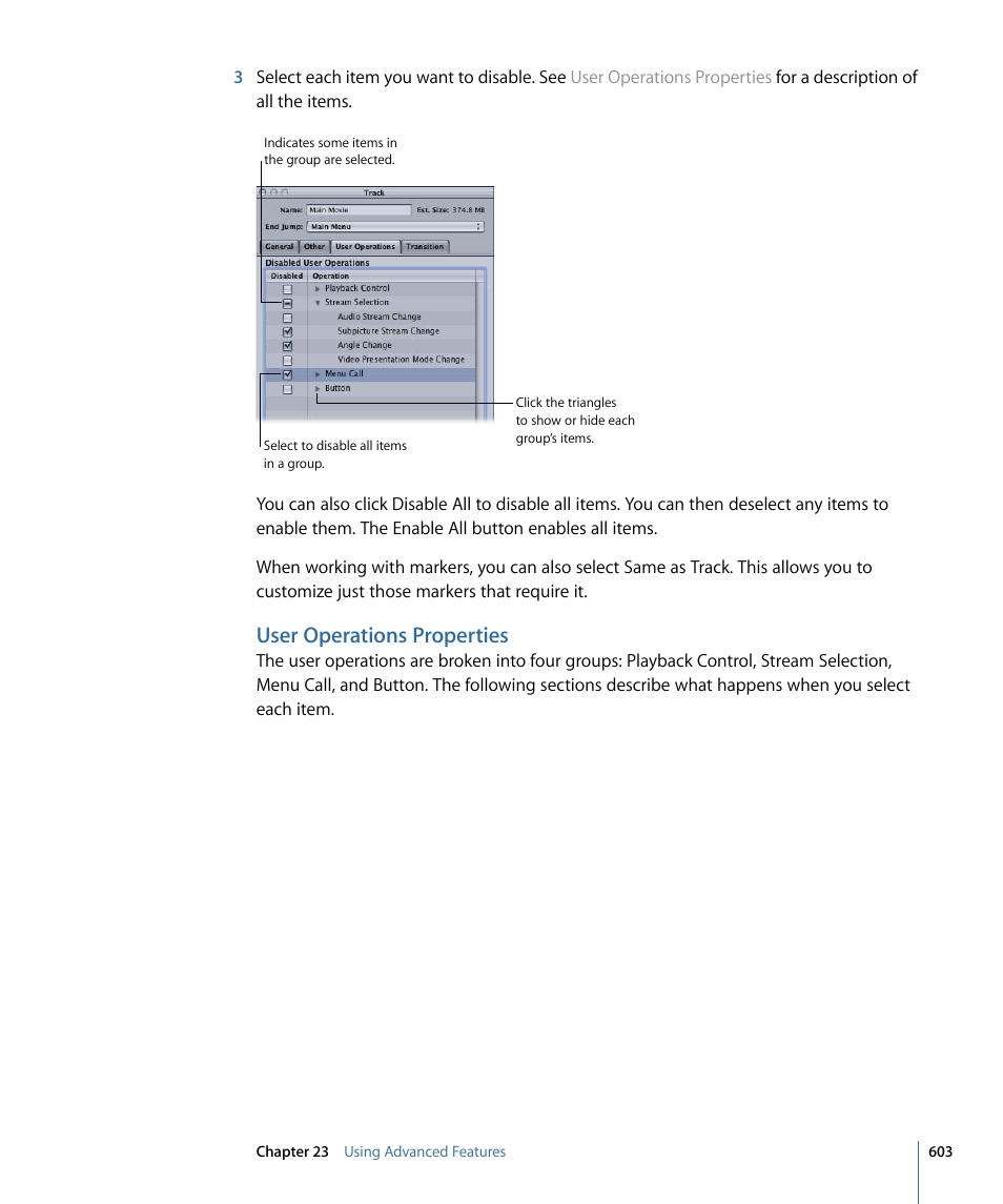 User operations properties | Apple DVD Studio Pro 4 User Manual | Page 603 / 656