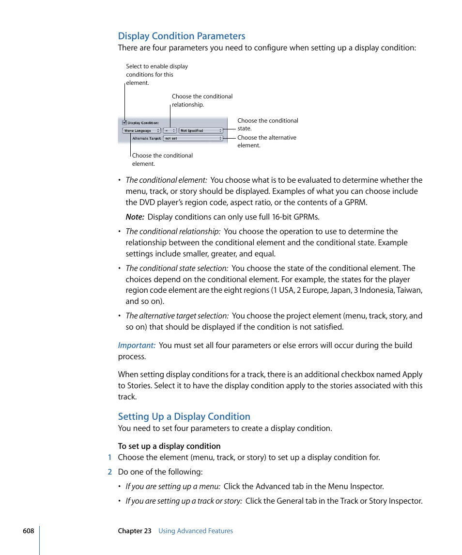 Display condition parameters, Setting up a display condition | Apple DVD Studio Pro 4 User Manual | Page 608 / 656