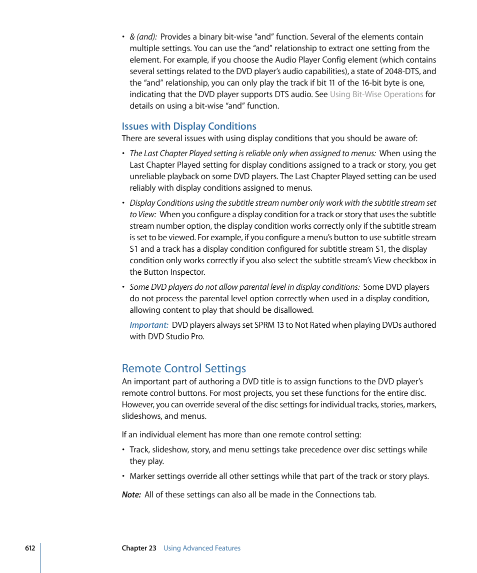 Issues with display conditions, Remote control settings, Remote control | Settings | Apple DVD Studio Pro 4 User Manual | Page 612 / 656