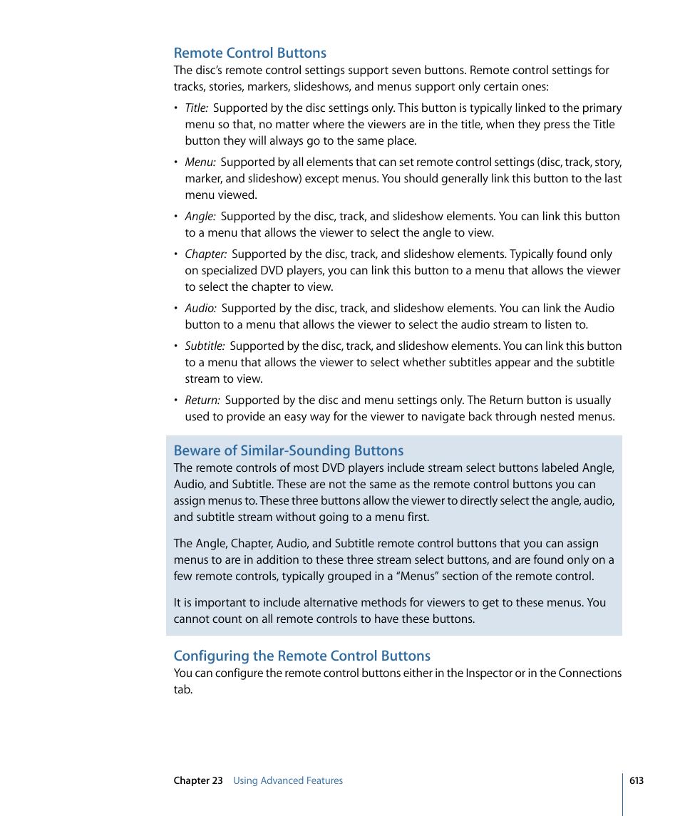 Remote control buttons, Configuring the remote control buttons, Beware of similar-sounding buttons | Apple DVD Studio Pro 4 User Manual | Page 613 / 656