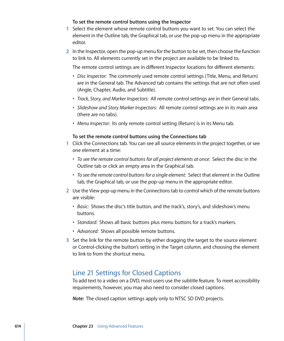Line 21 settings for closed captions | Apple DVD Studio Pro 4 User Manual | Page 614 / 656