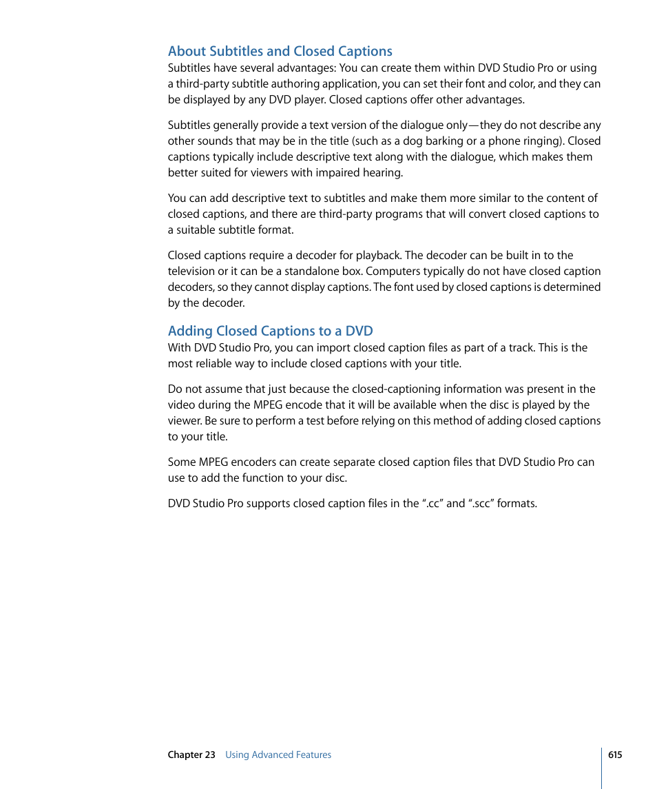About subtitles and closed captions, Adding closed captions to a dvd | Apple DVD Studio Pro 4 User Manual | Page 615 / 656