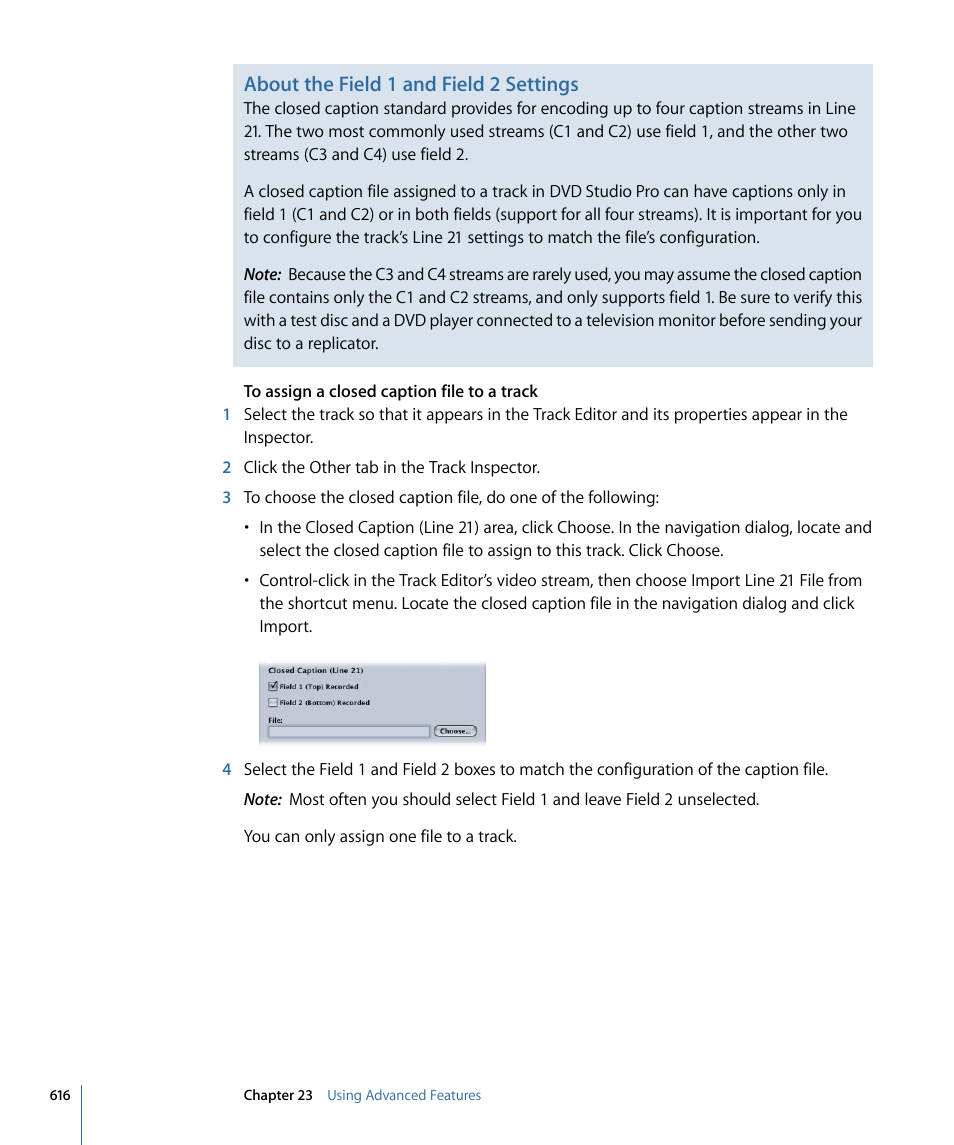About the field 1 and field 2 settings | Apple DVD Studio Pro 4 User Manual | Page 616 / 656