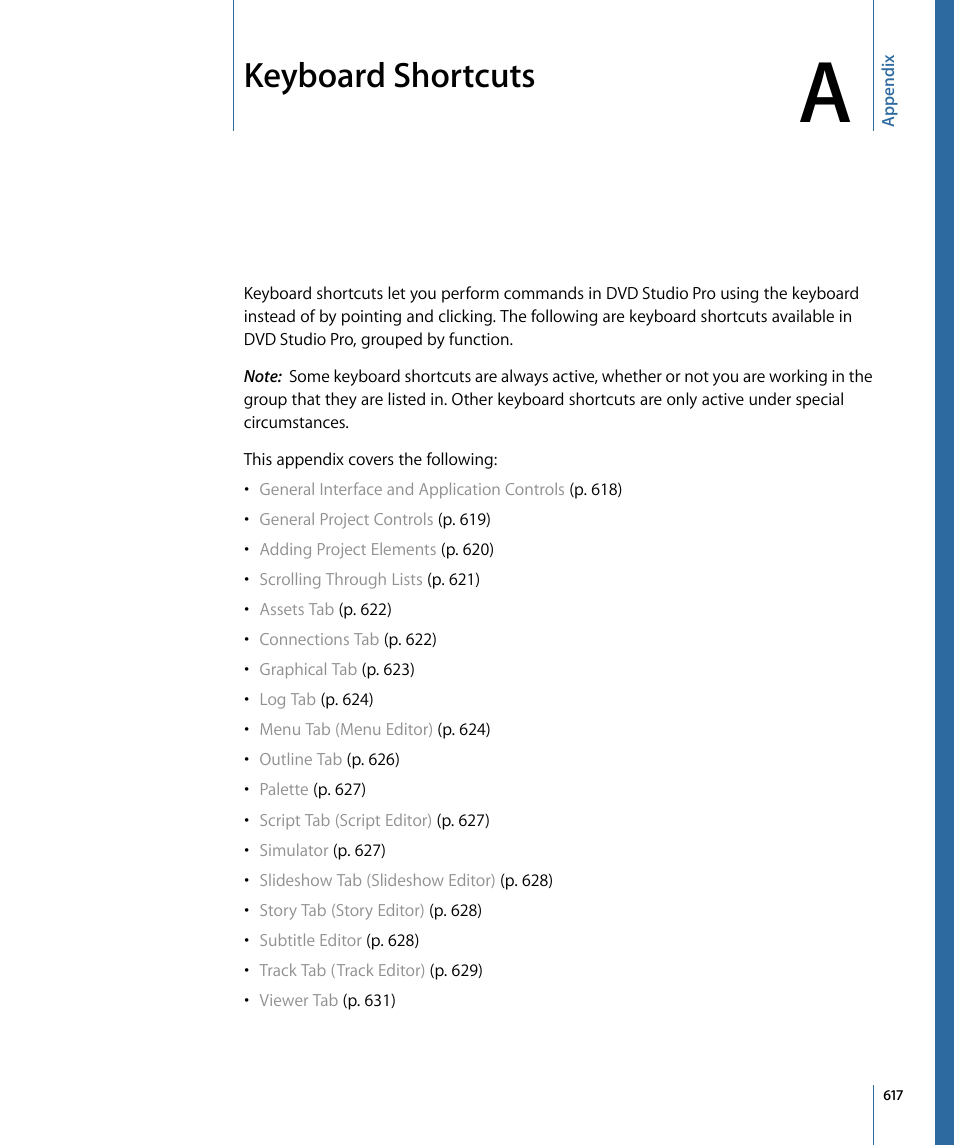 Appendix a: keyboard shortcuts, Keyboard shortcuts | Apple DVD Studio Pro 4 User Manual | Page 617 / 656