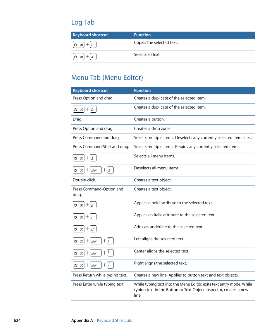 Log tab, Menu tab (menu editor) | Apple DVD Studio Pro 4 User Manual | Page 624 / 656