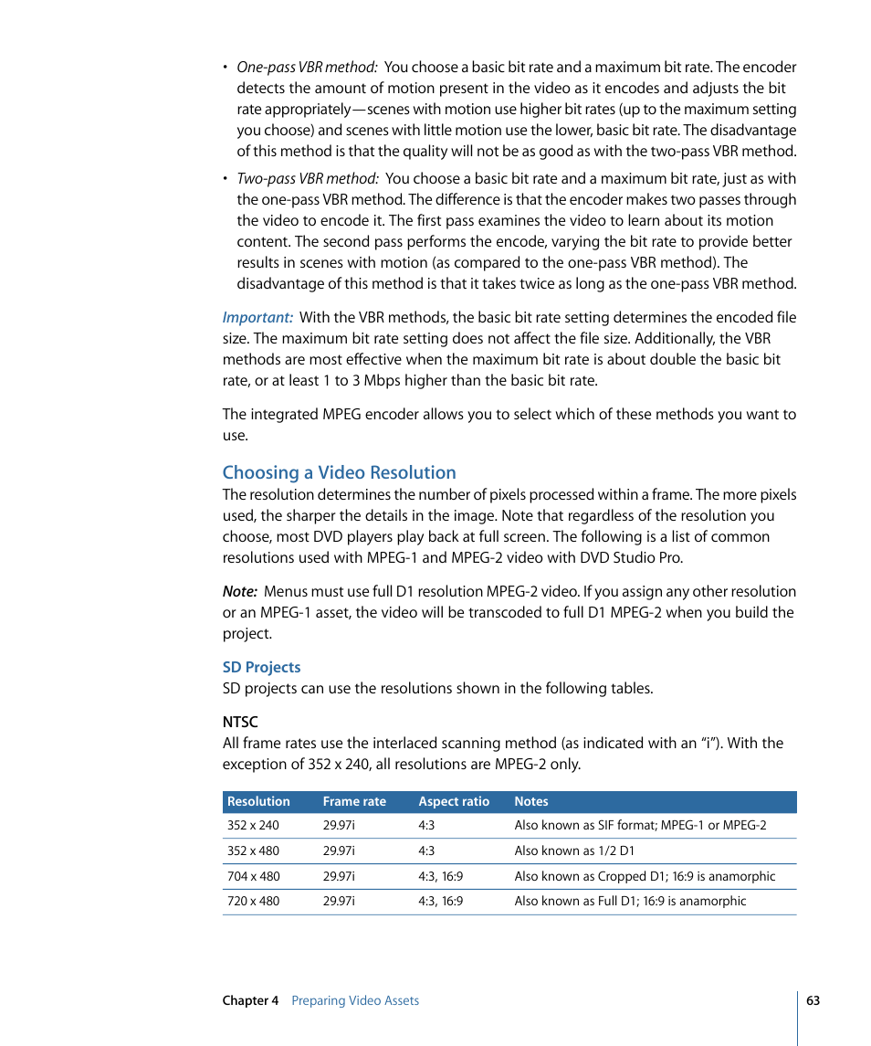 Choosing a video resolution, Sd projects | Apple DVD Studio Pro 4 User Manual | Page 63 / 656