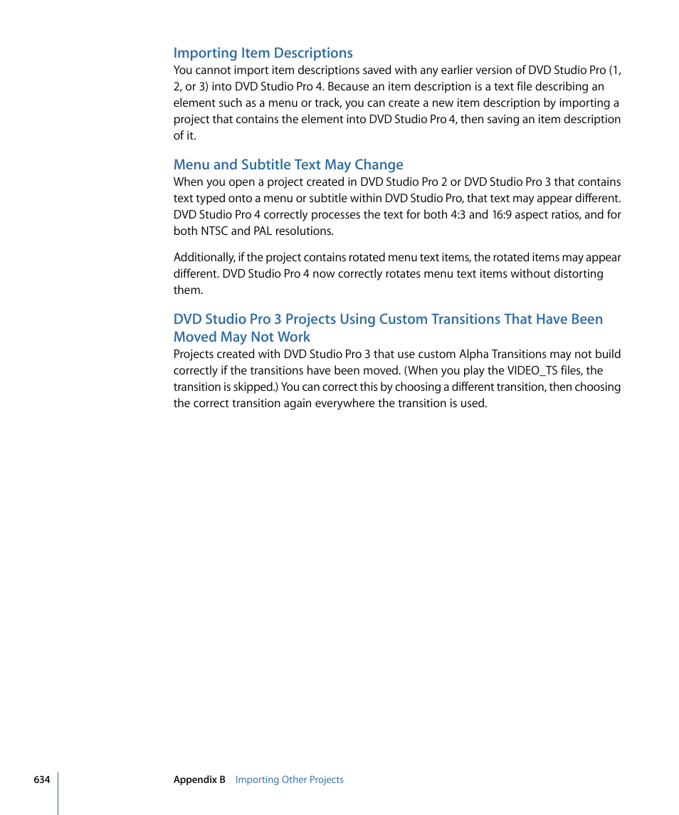Importing item descriptions, Menu and subtitle text may change | Apple DVD Studio Pro 4 User Manual | Page 634 / 656