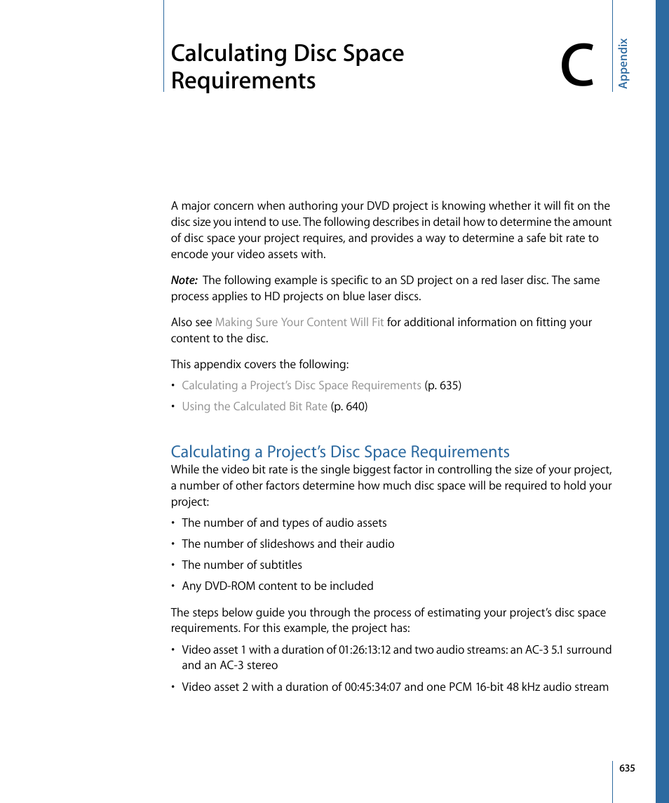 Appendix c: calculating disc space requirements, Calculating a project’s disc space requirements, Calculating disc space requirements | Apple DVD Studio Pro 4 User Manual | Page 635 / 656
