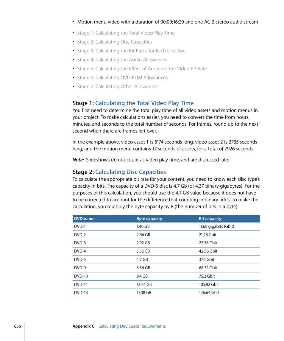 Stage 1: calculating the total video play time, Stage 2: calculating disc capacities | Apple DVD Studio Pro 4 User Manual | Page 636 / 656