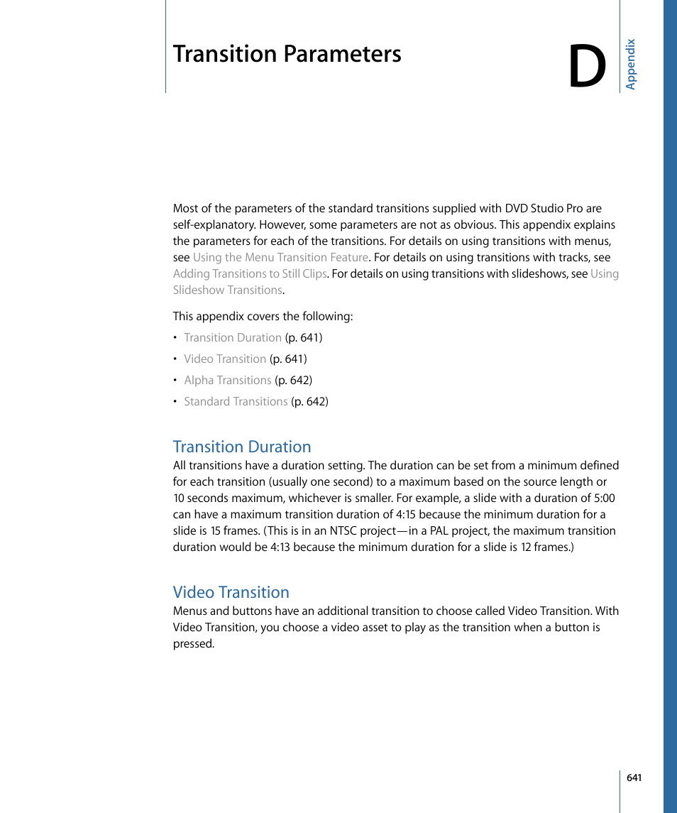 Appendix d: transition parameters, Transition duration, Video transition | Transition parameters | Apple DVD Studio Pro 4 User Manual | Page 641 / 656
