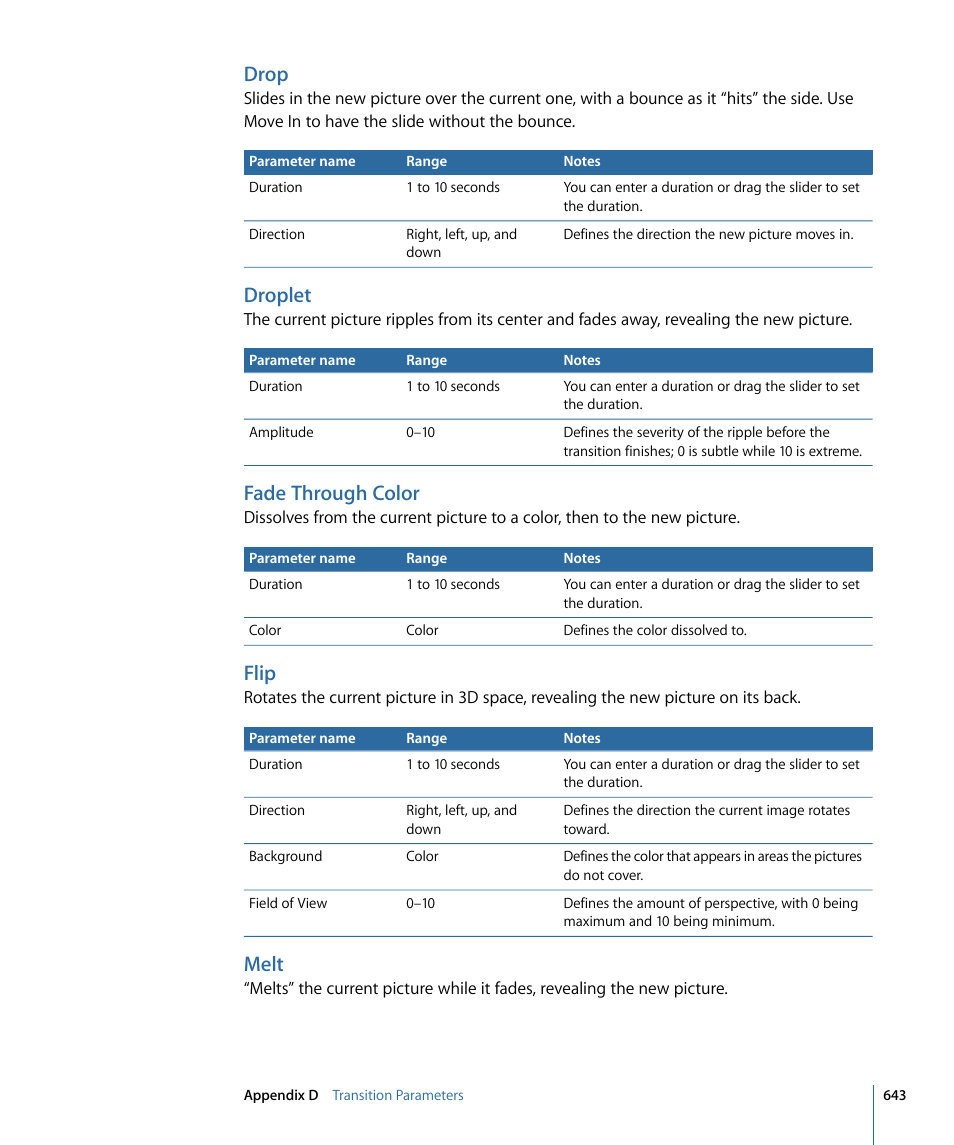 Drop, Droplet, Fade through color | Flip, Melt | Apple DVD Studio Pro 4 User Manual | Page 643 / 656