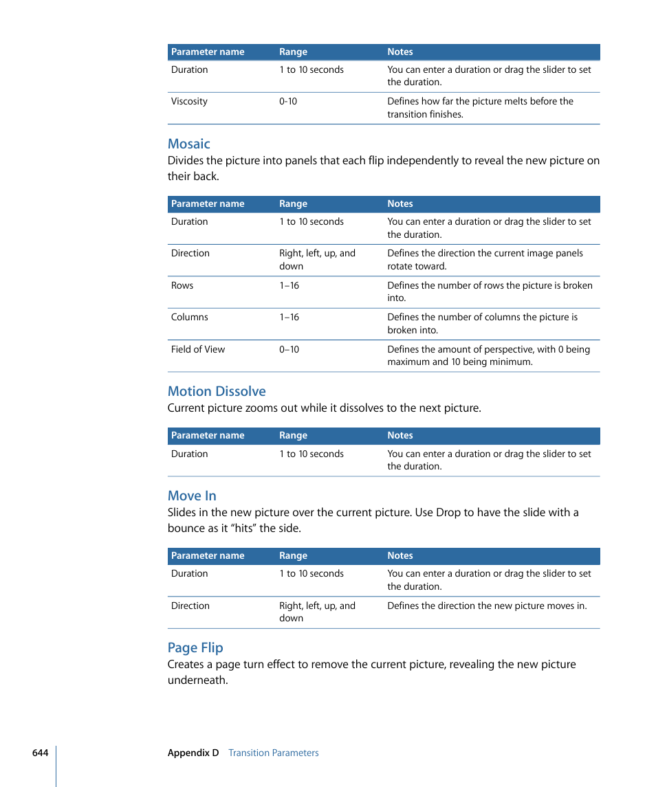Mosaic, Motion dissolve, Move in | Page flip | Apple DVD Studio Pro 4 User Manual | Page 644 / 656