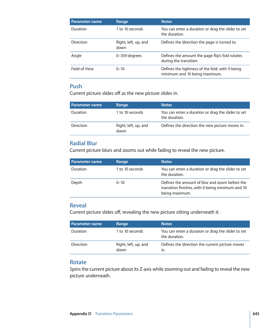 Push, Radial blur, Reveal | Rotate | Apple DVD Studio Pro 4 User Manual | Page 645 / 656