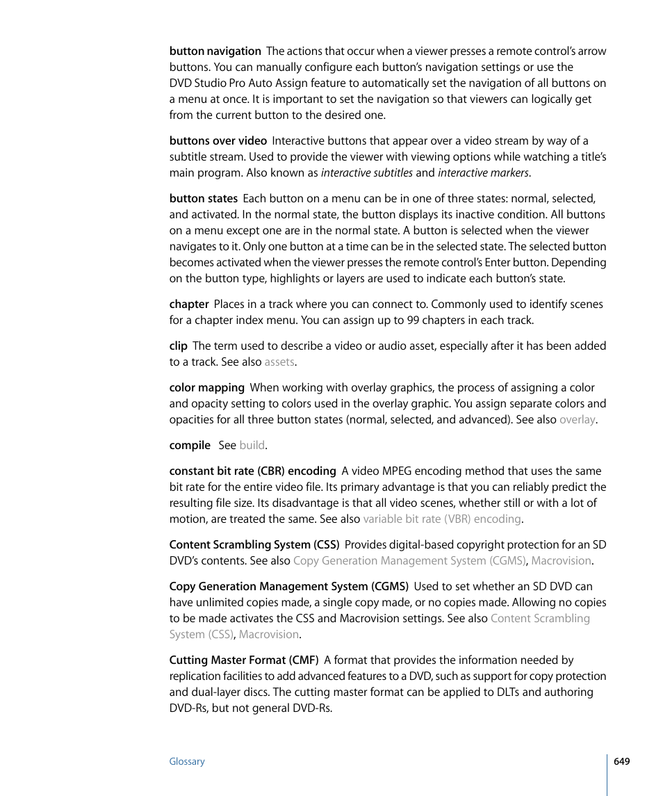 Cutting master format (cmf), Button navigation, Button states | Apple DVD Studio Pro 4 User Manual | Page 649 / 656