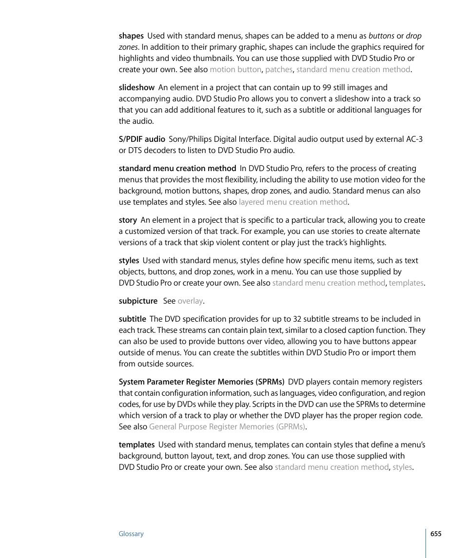 System parameter register memories (sprms), Standard menu creation method, Shapes | Apple DVD Studio Pro 4 User Manual | Page 655 / 656