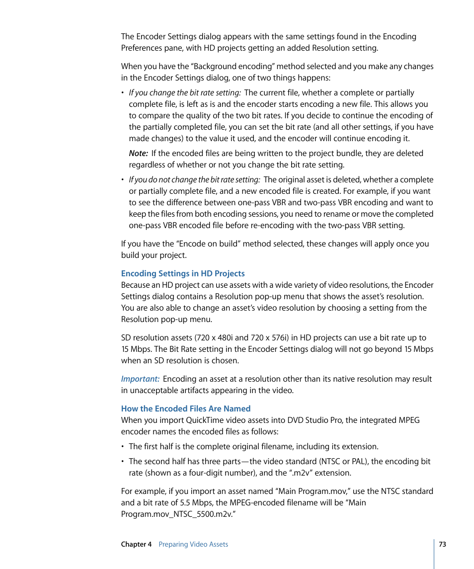 Encoding settings in hd projects, How the encoded files are named | Apple DVD Studio Pro 4 User Manual | Page 73 / 656