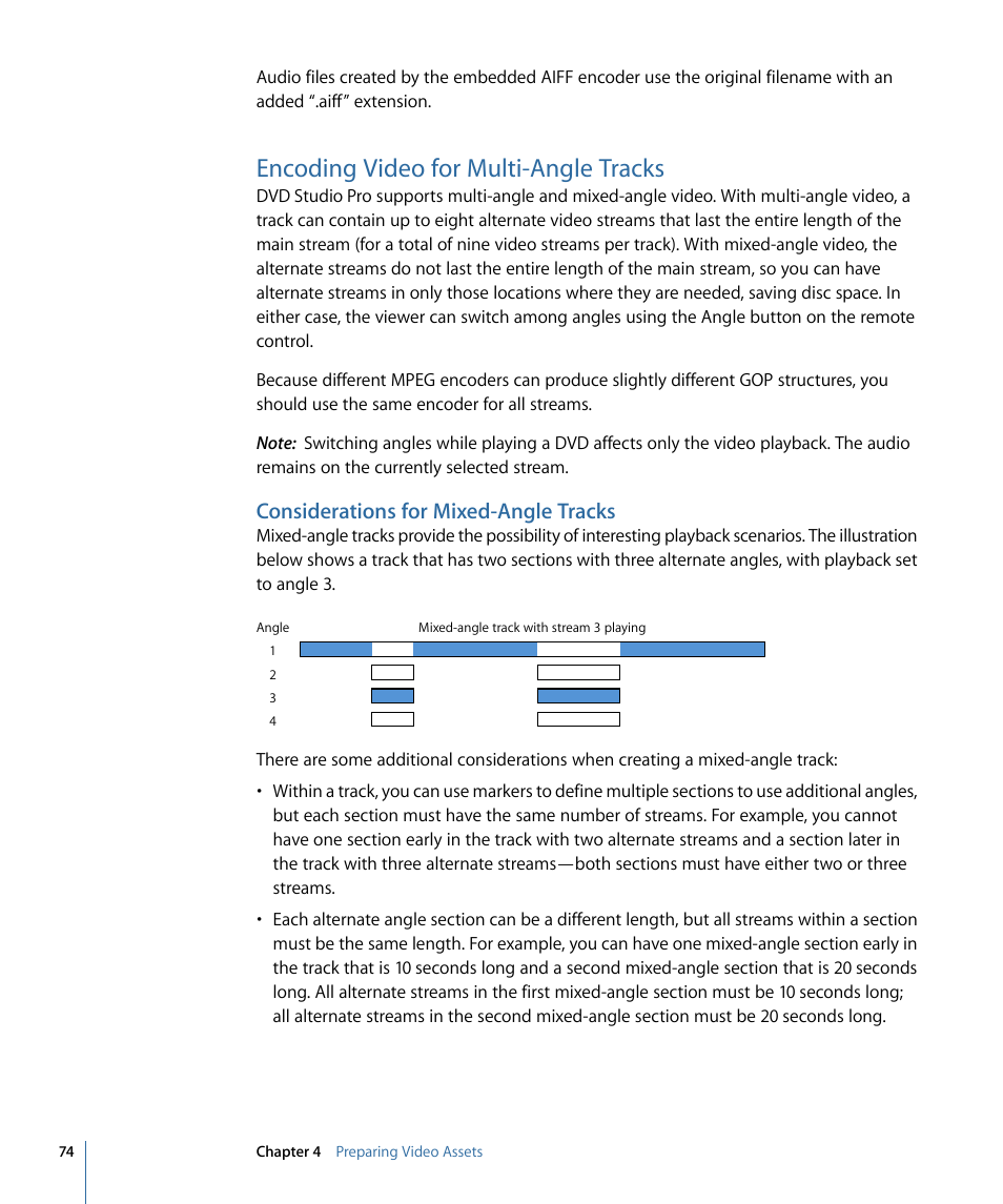 Encoding video for multi-angle tracks, Considerations for mixed-angle tracks | Apple DVD Studio Pro 4 User Manual | Page 74 / 656