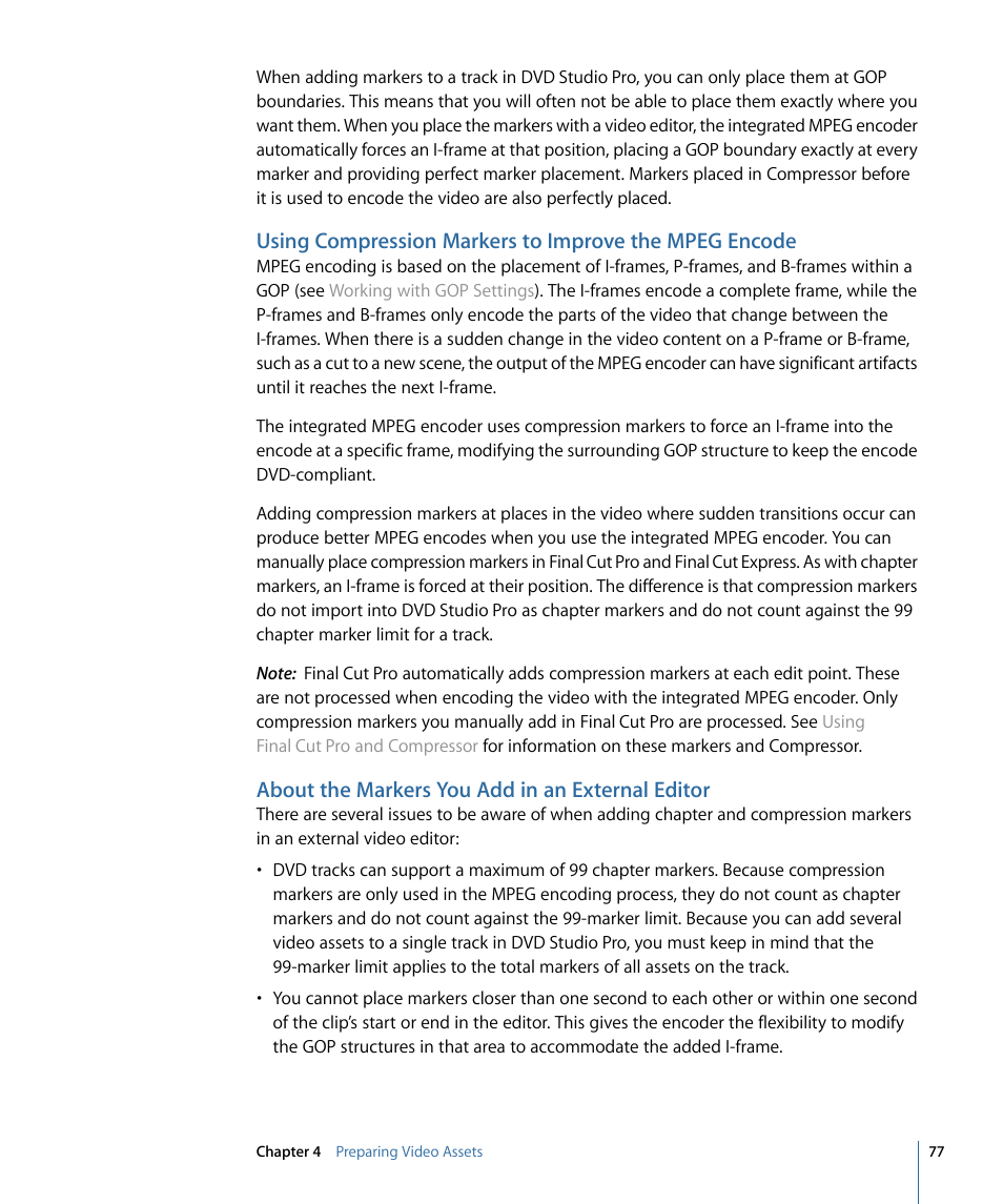 About the markers you add in an external editor | Apple DVD Studio Pro 4 User Manual | Page 77 / 656