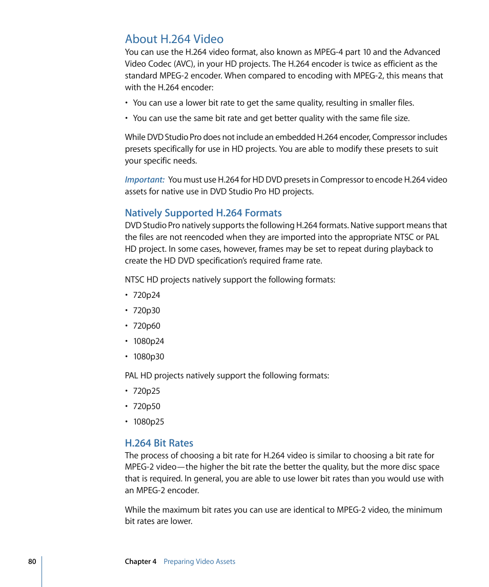 About h.264 video, Natively supported h.264 formats, H.264 bit rates | Apple DVD Studio Pro 4 User Manual | Page 80 / 656