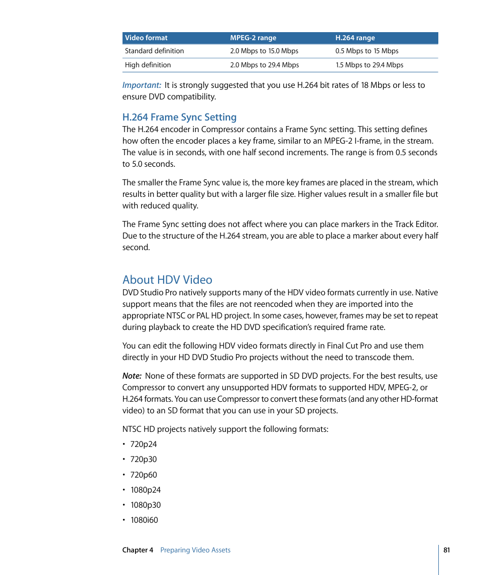 H.264 frame sync setting, About hdv video | Apple DVD Studio Pro 4 User Manual | Page 81 / 656