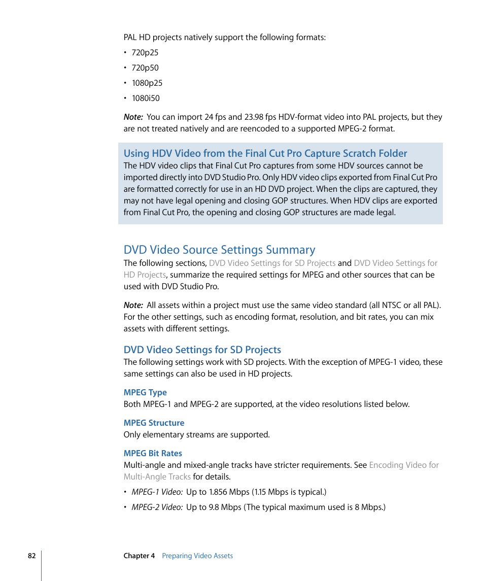 Dvd video source settings summary, Dvd video settings for sd projects, Mpeg type | Mpeg structure, Mpeg bit rates | Apple DVD Studio Pro 4 User Manual | Page 82 / 656