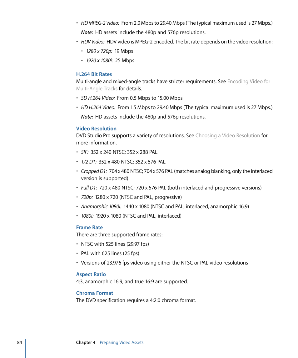 H.264 bit rates, Video resolution, Frame rate | Aspect ratio, Chroma format | Apple DVD Studio Pro 4 User Manual | Page 84 / 656
