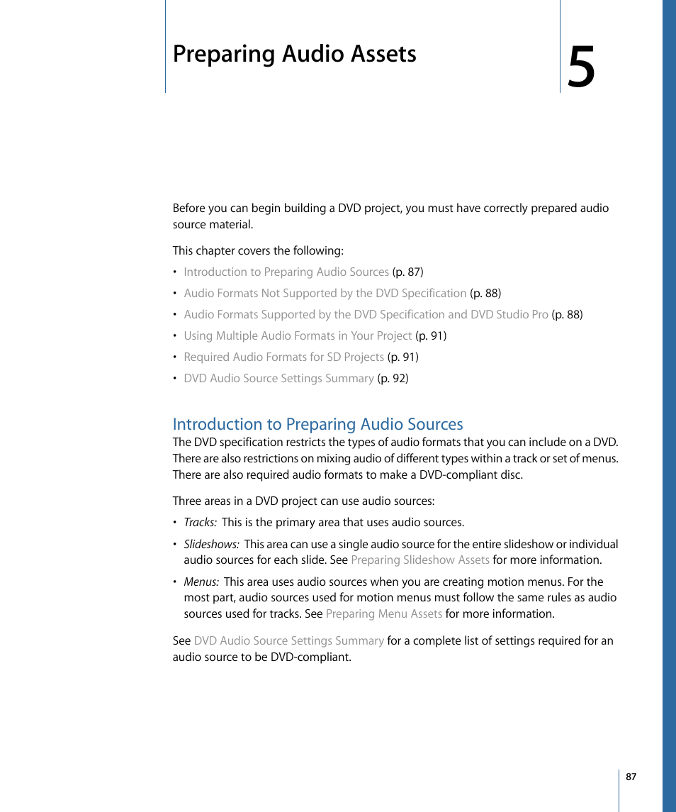 Preparing audio assets, Introduction to preparing audio sources | Apple DVD Studio Pro 4 User Manual | Page 87 / 656