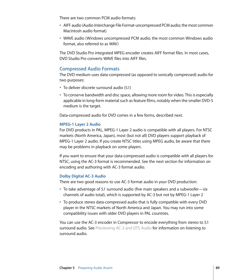 Compressed audio formats, Mpeg-1 layer 2 audio, Dolby digital ac-3 audio | Apple DVD Studio Pro 4 User Manual | Page 89 / 656
