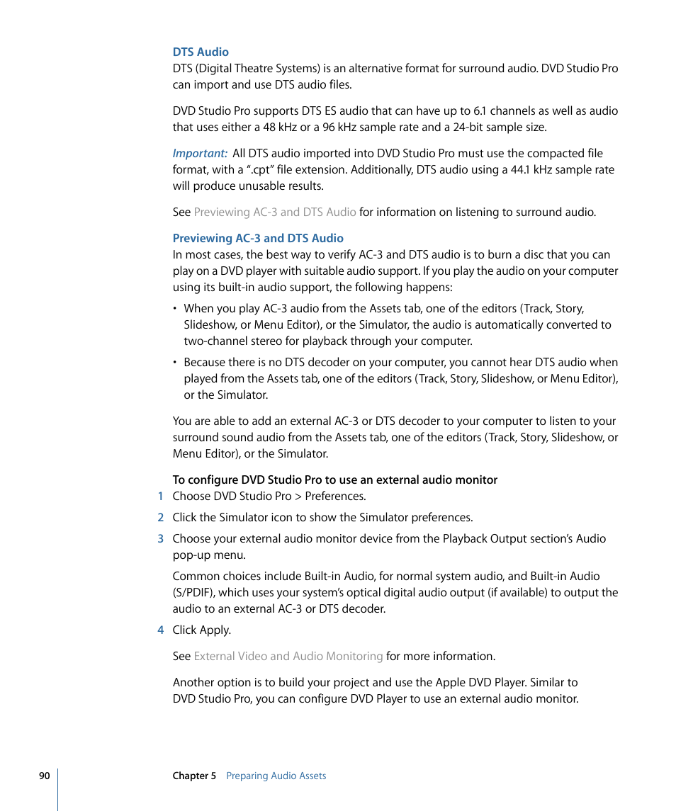 Dts audio, Previewing ac-3 and dts audio | Apple DVD Studio Pro 4 User Manual | Page 90 / 656