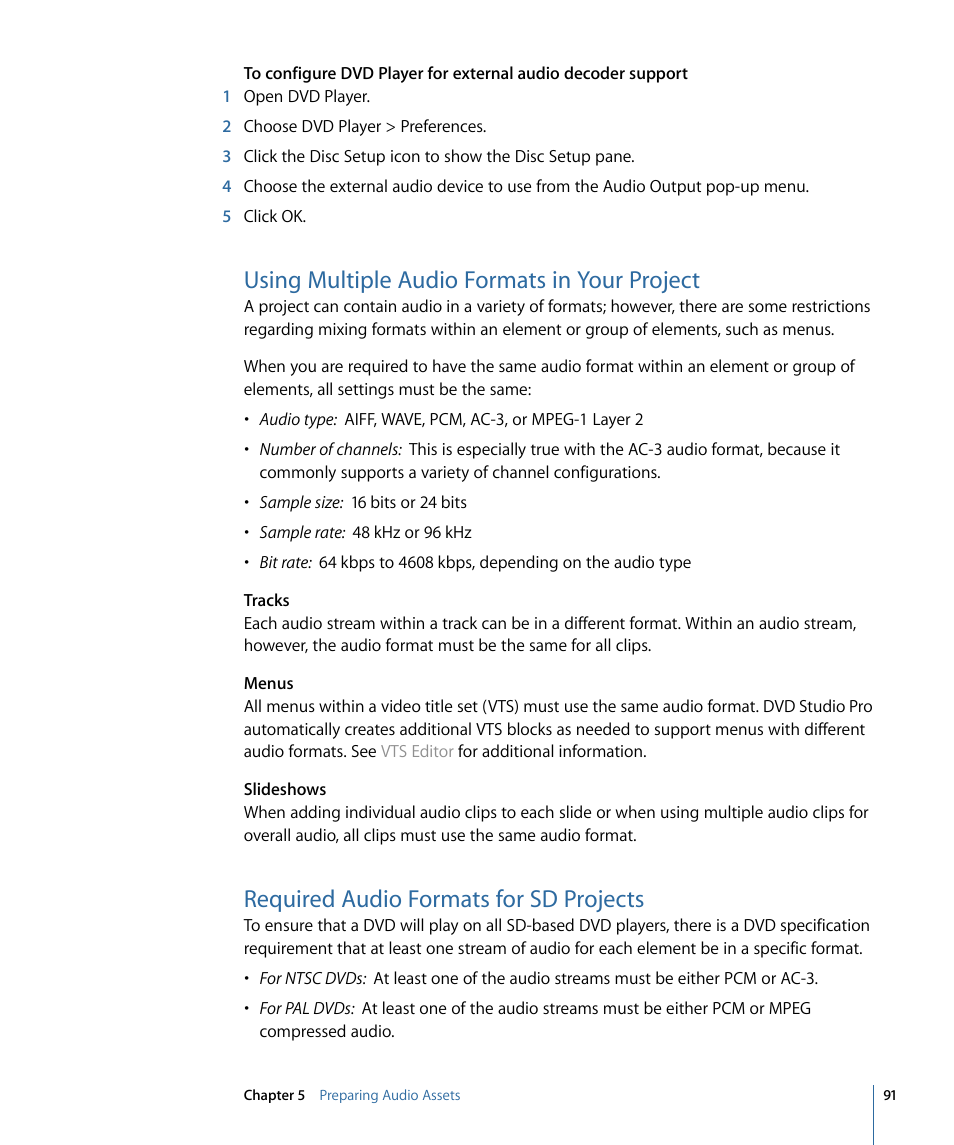 Using multiple audio formats in your project, Required audio formats for sd projects | Apple DVD Studio Pro 4 User Manual | Page 91 / 656