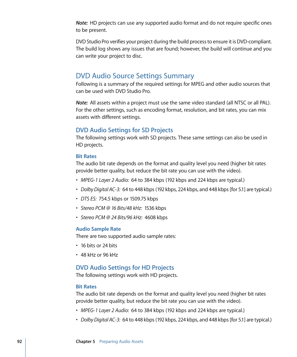 Dvd audio source settings summary, Dvd audio settings for sd projects, Bit rates | Audio sample rate, Dvd audio settings for hd projects | Apple DVD Studio Pro 4 User Manual | Page 92 / 656
