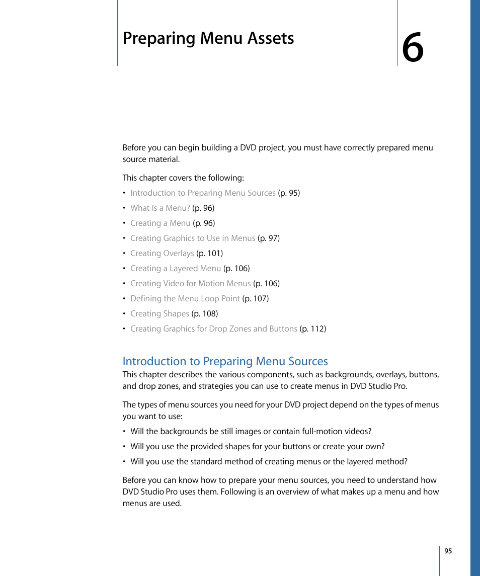 Preparing menu assets, Introduction to preparing menu sources | Apple DVD Studio Pro 4 User Manual | Page 95 / 656