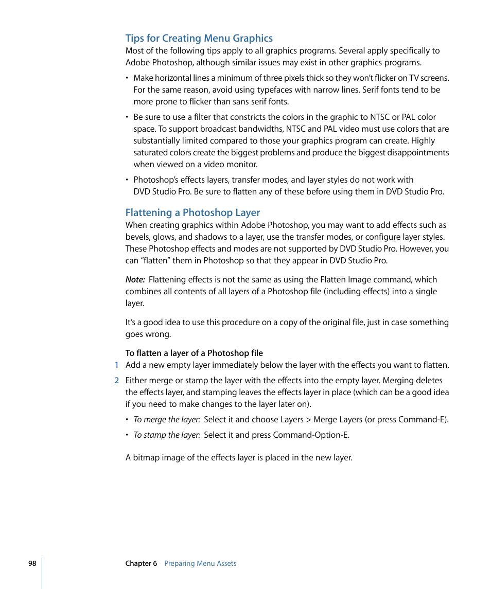 Tips for creating menu graphics, Flattening a photoshop layer | Apple DVD Studio Pro 4 User Manual | Page 98 / 656