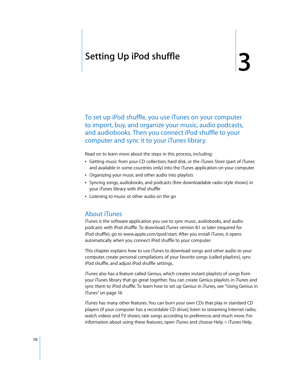 Setting up ipodshuffle, About itunes, Chapter 3 | Setting up ipod shuffle | Apple iPod shuffle (3rd generation) User Manual | Page 10 / 40