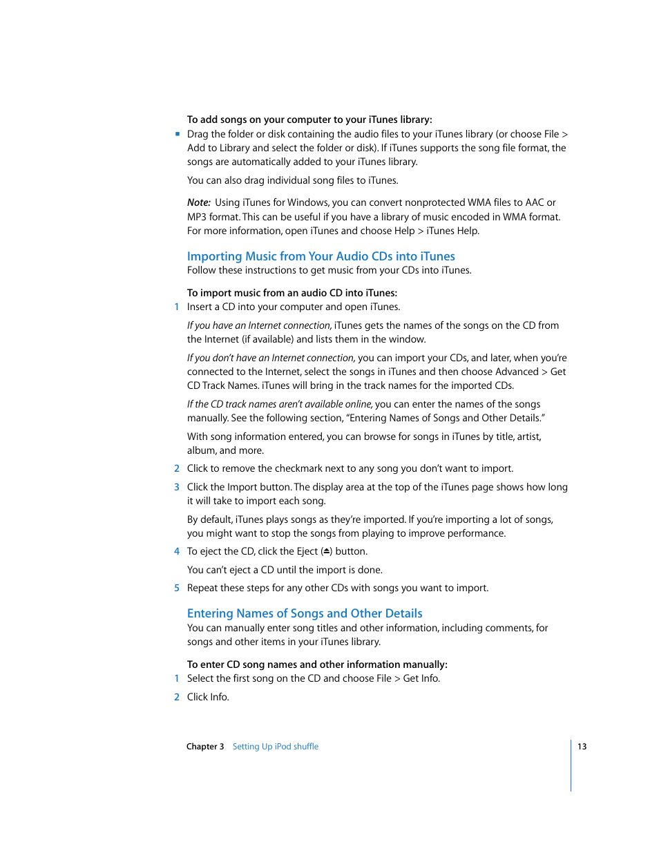 Importing music from your audio cds into itunes, Entering names of songs and other details | Apple iPod shuffle (3rd generation) User Manual | Page 13 / 40