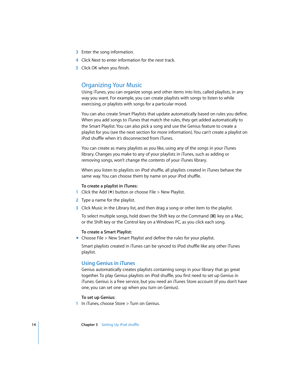 Organizing your music, Using genius in itunes | Apple iPod shuffle (3rd generation) User Manual | Page 14 / 40