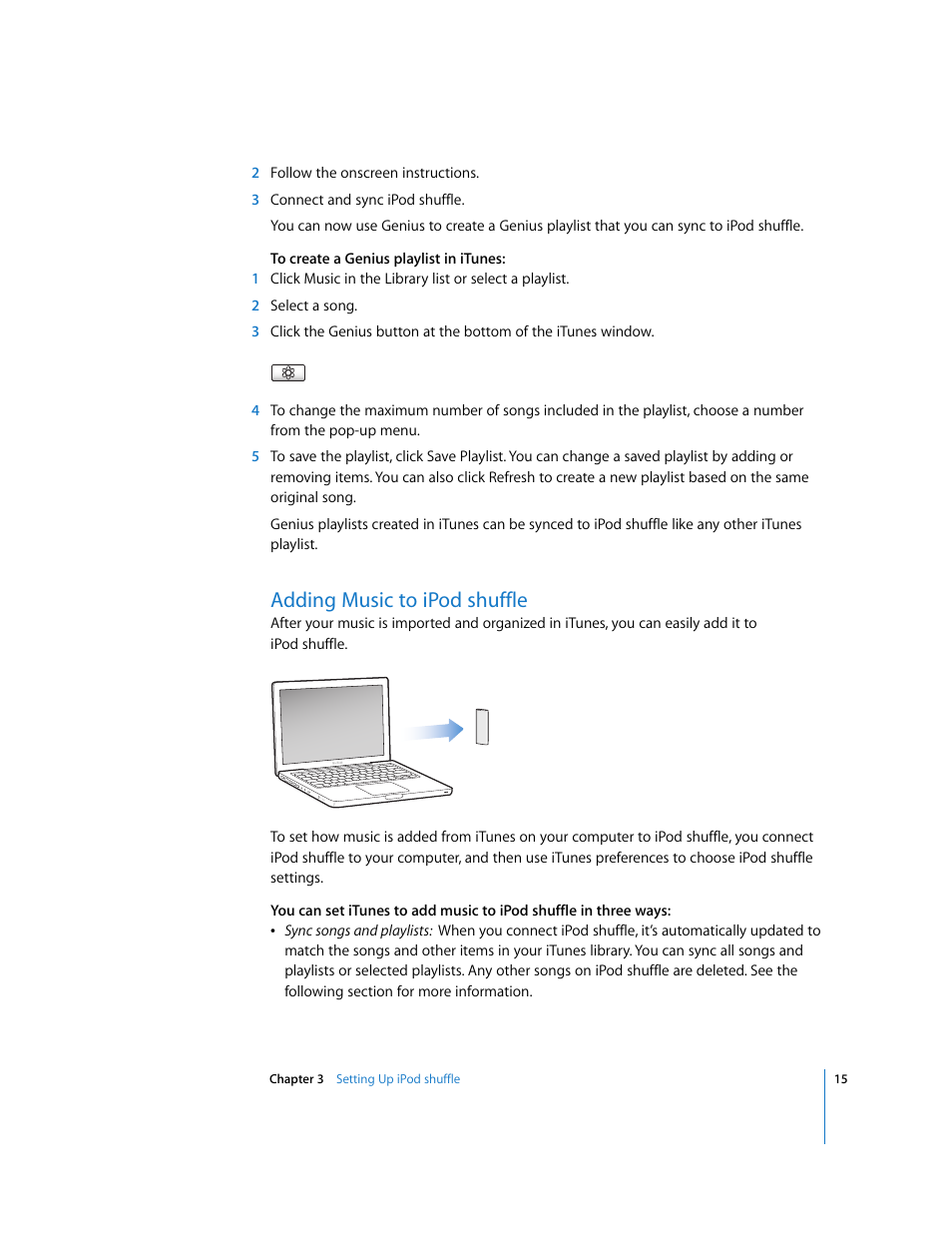 Adding music to ipodshuffle, Adding music to ipod shuffle | Apple iPod shuffle (3rd generation) User Manual | Page 15 / 40