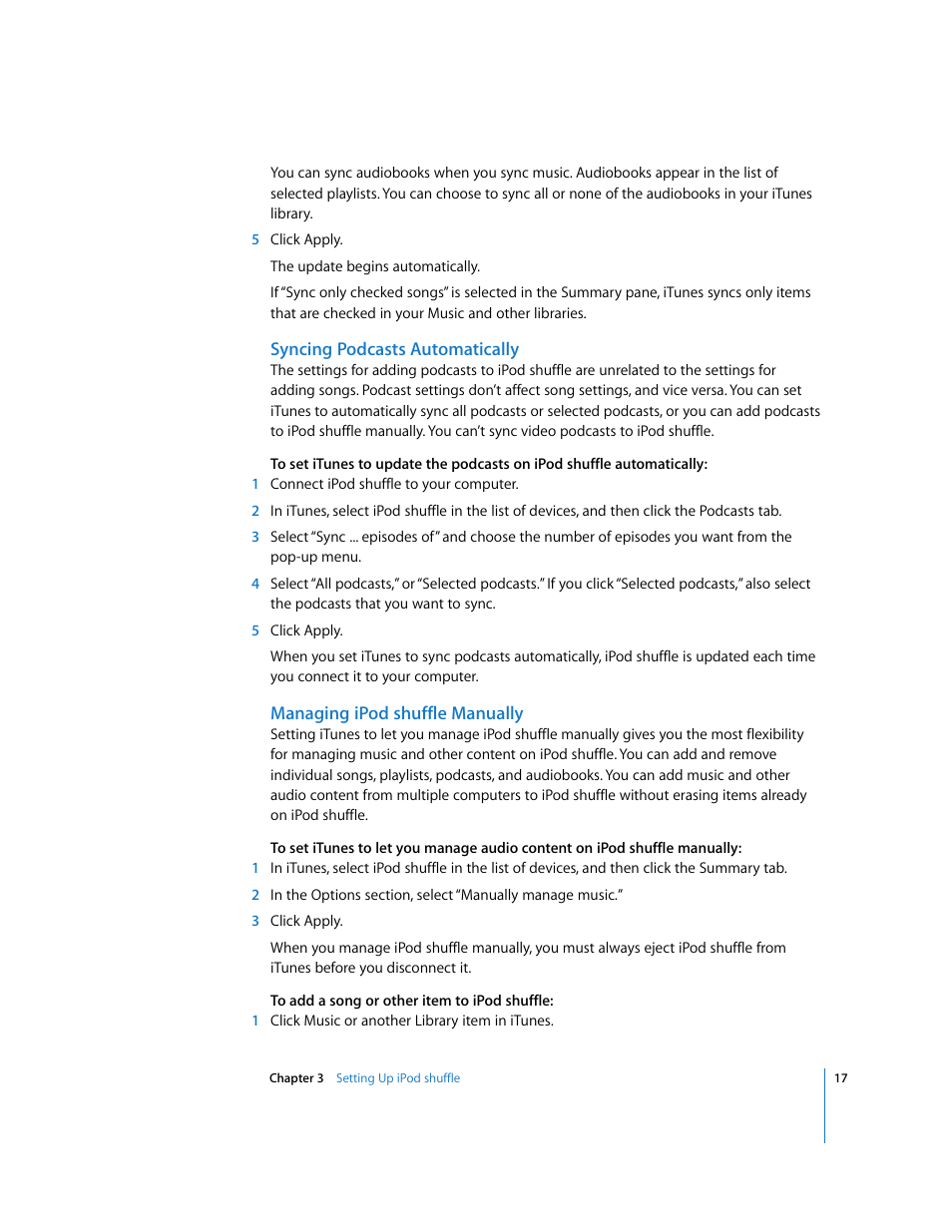 Syncing podcasts automatically, Managing ipodshuffle manually | Apple iPod shuffle (3rd generation) User Manual | Page 17 / 40