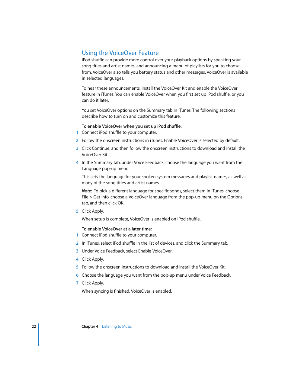 Using the voiceover feature | Apple iPod shuffle (3rd generation) User Manual | Page 22 / 40