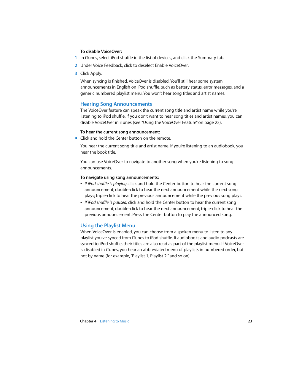 Hearing song announcements, Using the playlist menu | Apple iPod shuffle (3rd generation) User Manual | Page 23 / 40