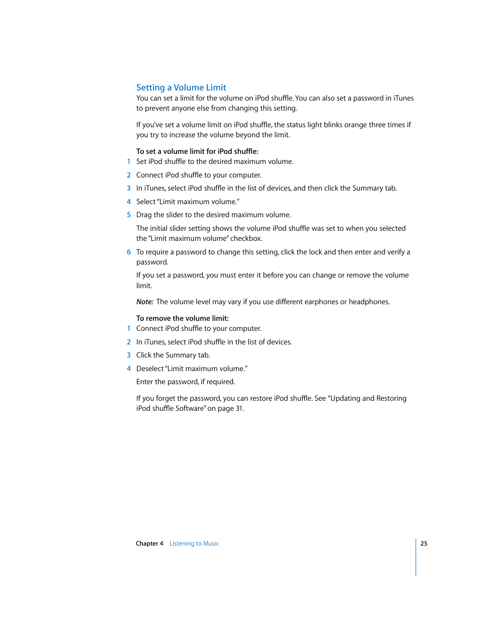 Setting a volume limit | Apple iPod shuffle (3rd generation) User Manual | Page 25 / 40