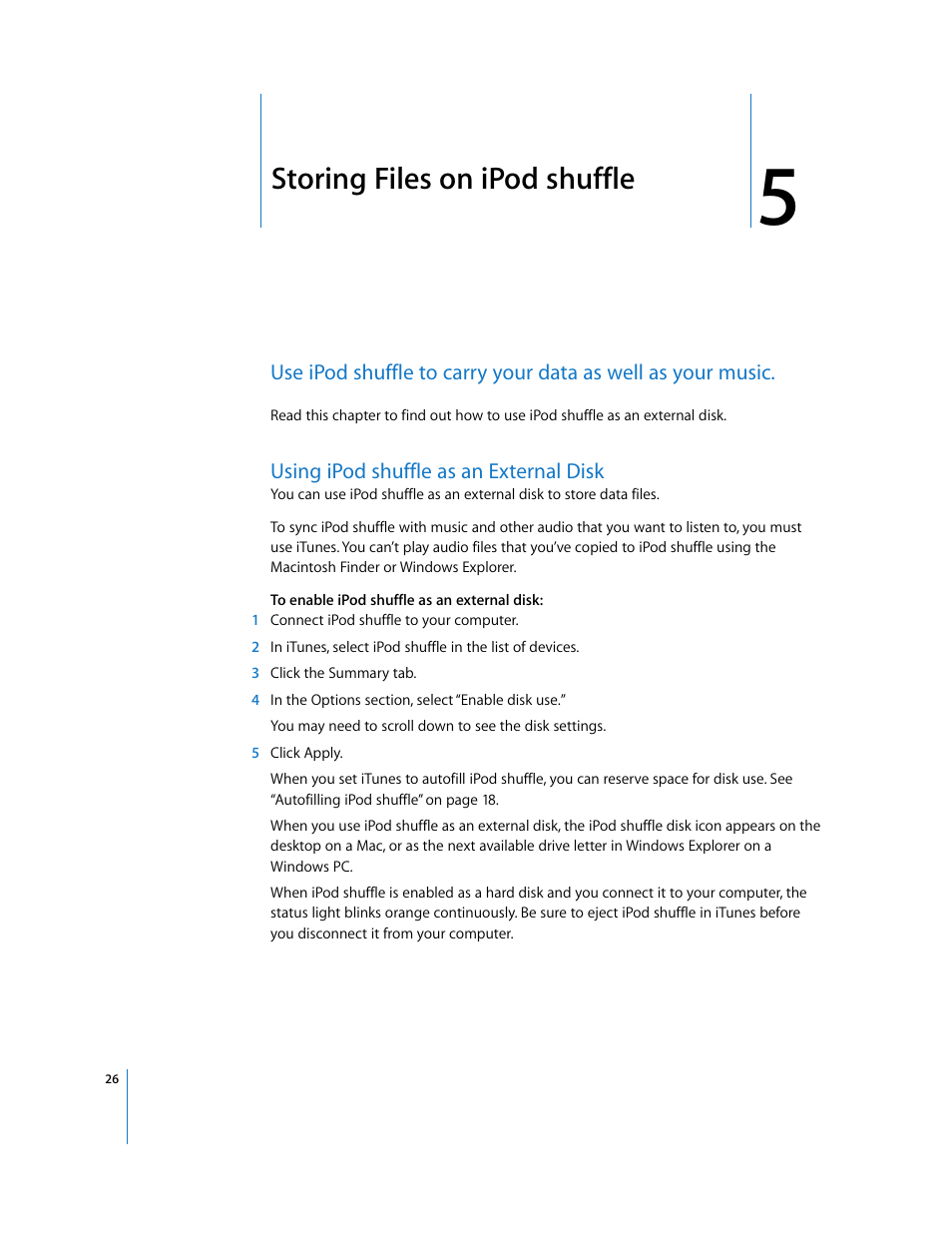 Storing files on ipodshuffle, Using ipodshuffle as an external disk, Chapter 5 | Storing files on ipod shuffle | Apple iPod shuffle (3rd generation) User Manual | Page 26 / 40